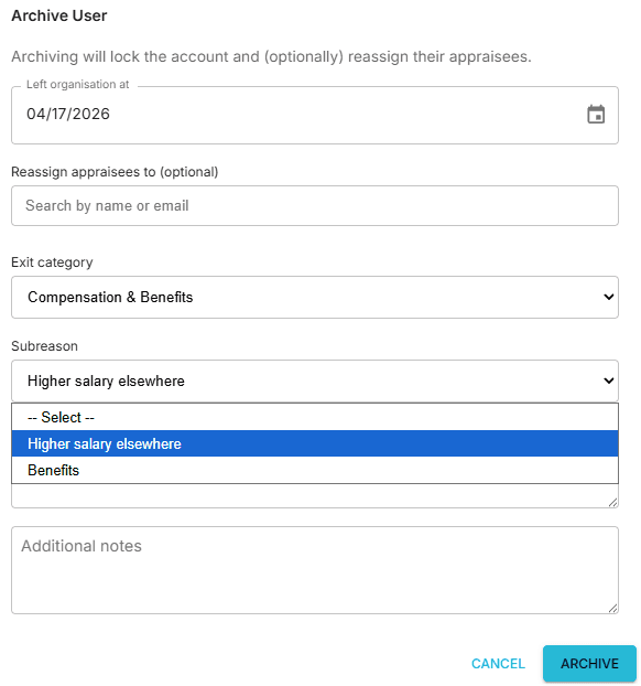 An archive user form with leaver date, reassignment, exit category, and notes fields.