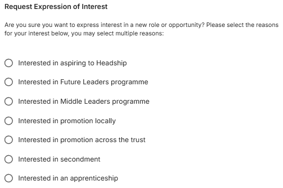 A Maps and Pathways form for recording an expression of interest in future roles or opportunities.