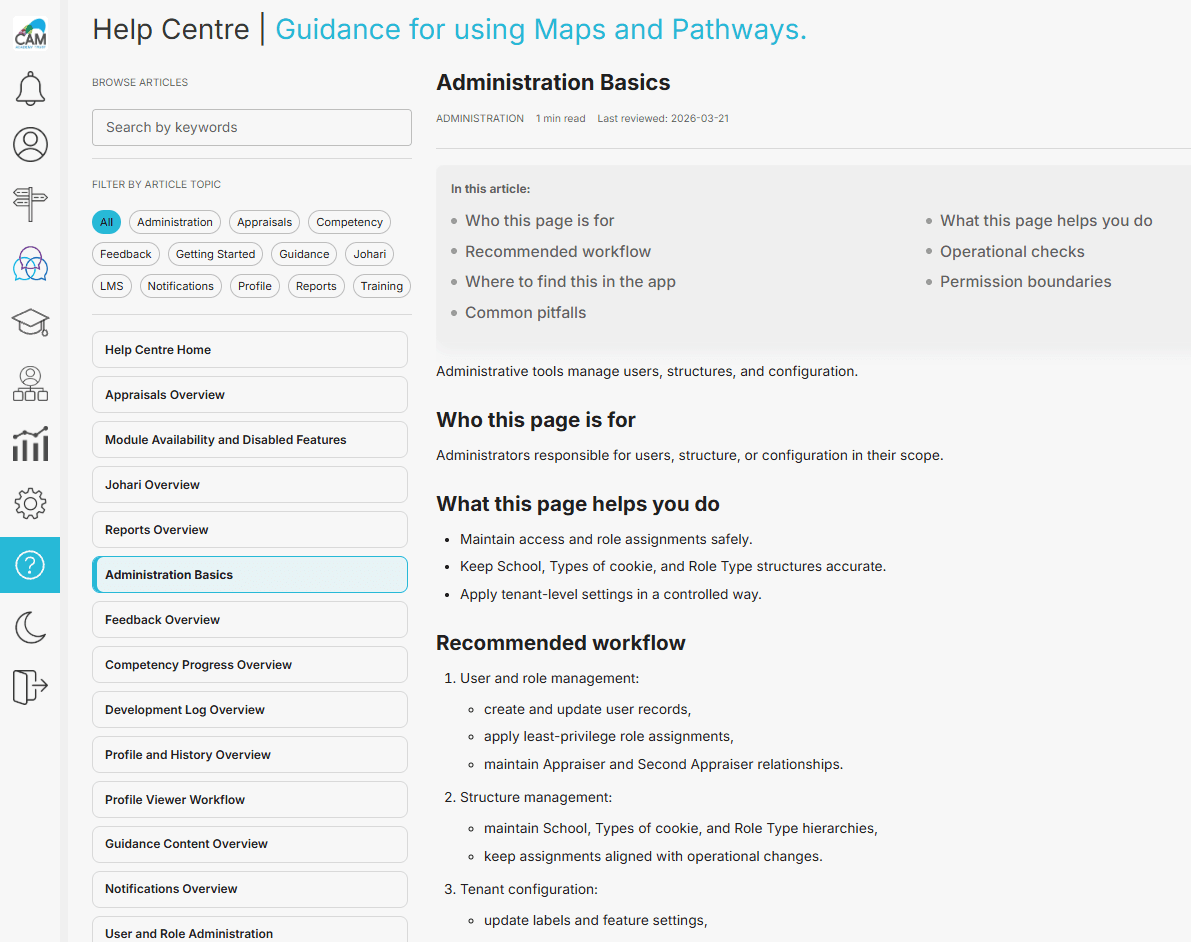 A help centre page inside the platform with categories, searchable articles, and administration guidance.