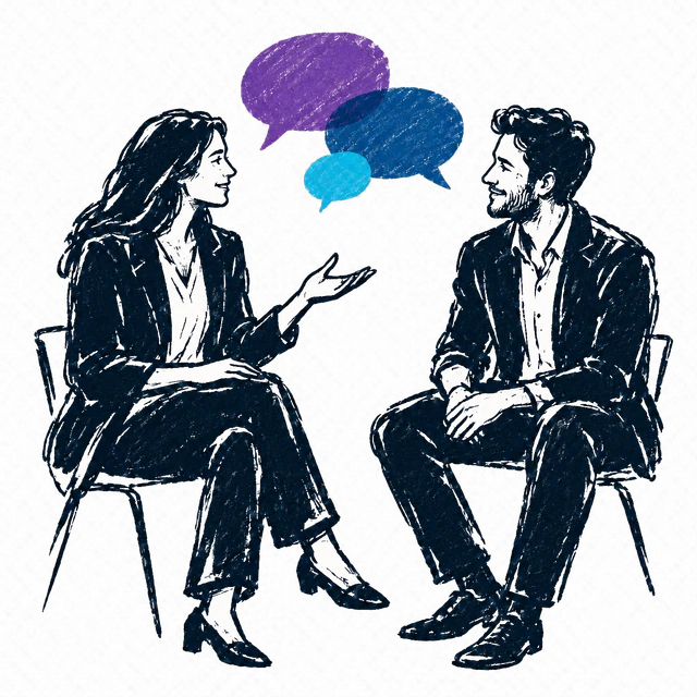Two colleagues in conversation beneath purple, blue and cyan speech bubbles
